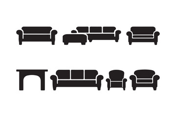 Collection of black silhouette furniture icons including sofas and chairs