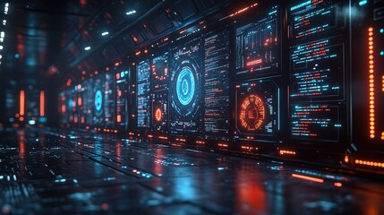 Futuristic corridor with glowing holographic displays