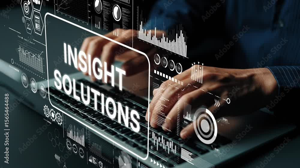 Poster hands typing on keyboard with data visualization and insight solutions theme in modern office settin