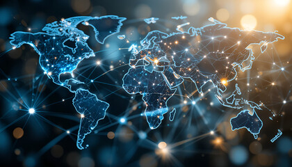 A glowing world map shows global connections and networks for business and international relations with a futuristic style.