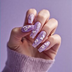 Lavender nails with pressed floral accents and gold lines
