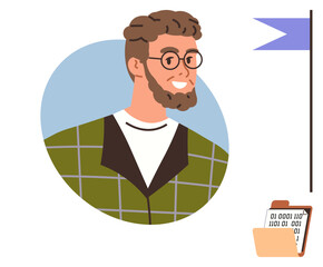 Bearded man in plaid jacket smiling, adjacent to a flag icon and folder holding binary data. Ideal for teamwork, achievement, IT, leadership, personal development, success data management. Simple