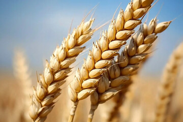 Golden wheat field gleaming under a clear blue sky in sunlight