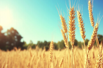 Fototapeta premium Golden wheat field swaying gently under a clear blue sky