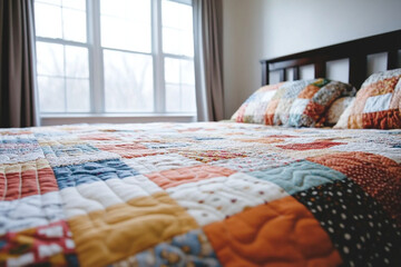 Beautiful handmade quilt with intricate patterns in cozy bedroom