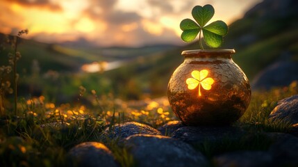 Golden Pot With Shamrock At Sunset Landscape
