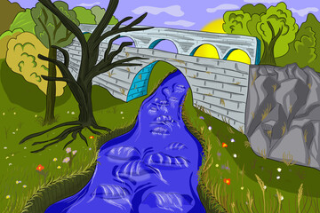 Illustration of a landscape with a stone bridge over a river. A river flowing through the landscape. Landscape with a river, trees and a bridge with arches. Travel through the landscape