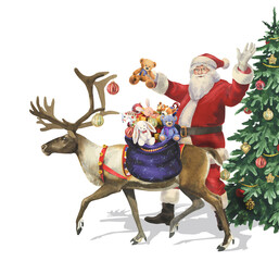 Watercolor Christmas tree, Santa Claus and deer