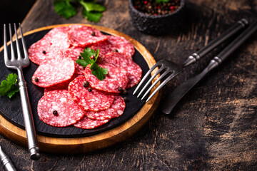 Sliced spicy tasty salami sausage