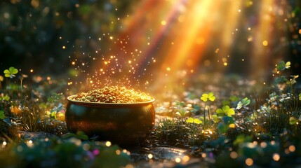 A Golden Pot Of Treasure Gleams In Magical Forest Light
