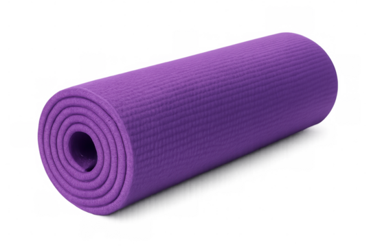 Purple yoga mat rolled neatly, supporting mindful fitness practice against clean backdrop
