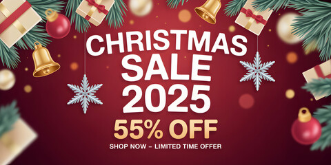 Christmas Sale 2025 55 Percent Off Red Banner Web Banner Design with 3 D Gifts Bells Snowflakes and Fir Branches