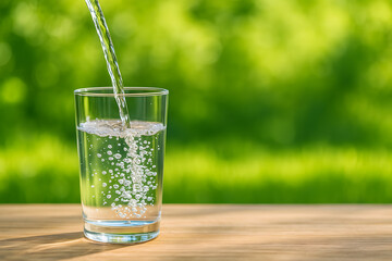Pouring fresh clear water into glass on wooden table with green view