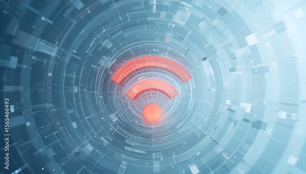 Poster wireless connection illustration with a glowing wifi signal in red over a technical, digital blue an