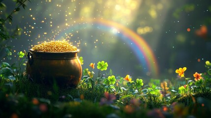 Golden Pot Of Gold At Rainbows End In Clover Field