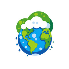Cartoon Earth with Rain and Clouds- Illustration of World Weather Patterns- Depicts a Healthy Planet Ecosystem- Ideal for Climate Change Awareness