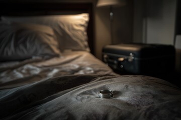 Ring on a bedspread beside a suitcase in a dimly lit bedroom at night
