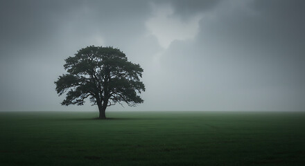 Obraz premium An Oak Tree Stands Silhouetted Against a Misty Sky, its Branches Reaching out in the Foggy Landscape, Casting a Lonely Shadow over the Green Field on a Gloomy Day