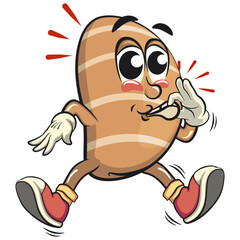 cute salted butter roll mascot cartoon vector illustration blowing the whistle, bakery bread character with happy face and red shoes isolated on transparant backnground, work of hand drawn
