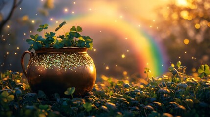 Golden Pot Of Shamrocks Under A Rainbow