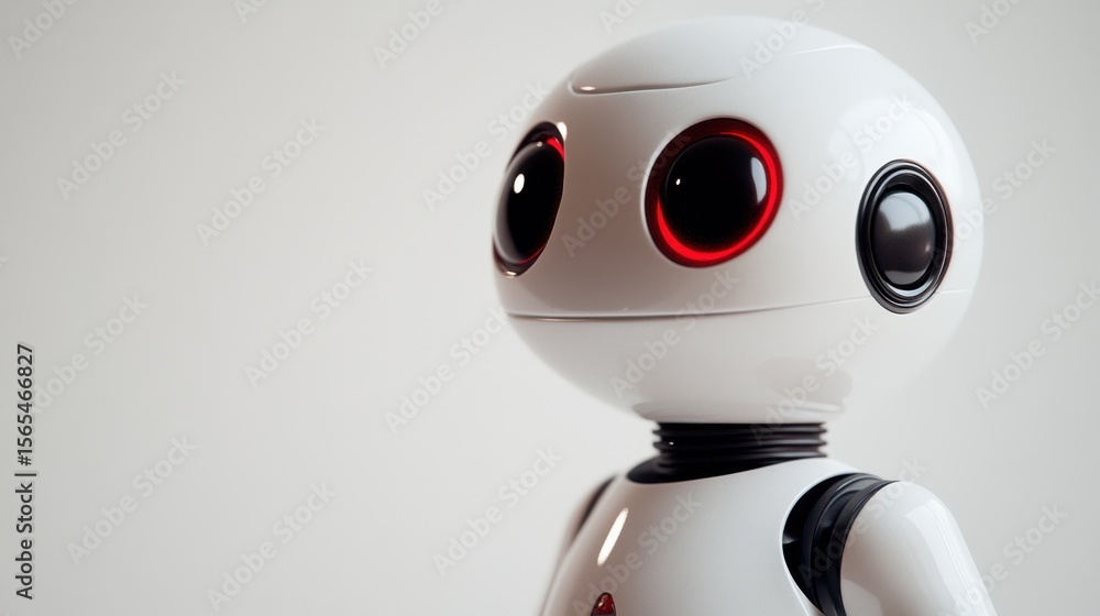 Poster a charming futuristic robot with large expressive eyes, showcasing a sleek and glossy design. perfec