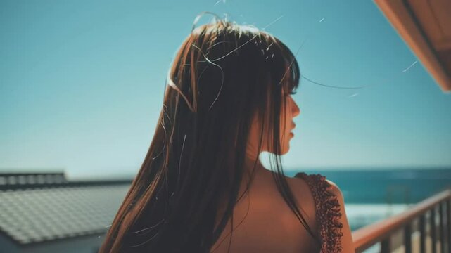 海の背景と美女のポートレート