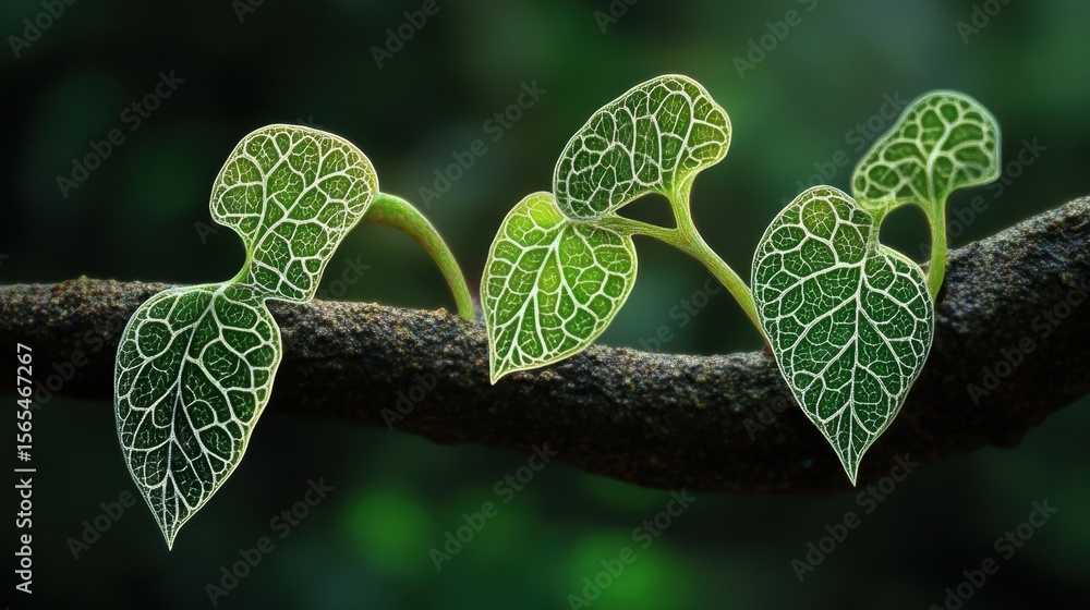 Aufkleber this close-up image showcases delicate green leaves with intricate vein patterns resting on a branch