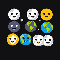Cute Planets Moons-Phases Of Moon-Earth Science-Kids Educational-Space Exploration-Solar System-Cartoon Planets