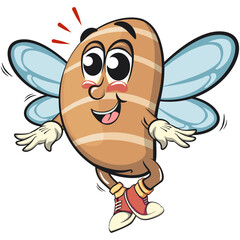 cute salted butter roll mascot cartoon vector illustration have wings and fly like a bee, bakery bread character with happy face and red shoes isolated on transparant backnground, work of hand drawn