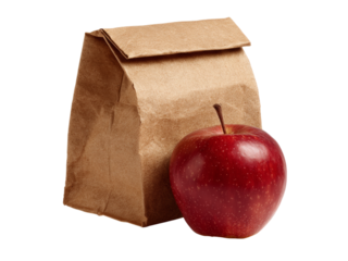 Brown paper lunch bag with red apple healthy snack, Isolated On Transparent Background, Png