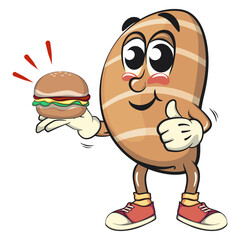 cute salted butter roll mascot cartoon vector illustration carrying a burger while giving a thumbs up, bakery bread character with happy face isolated on transparant backnground, work of hand drawn