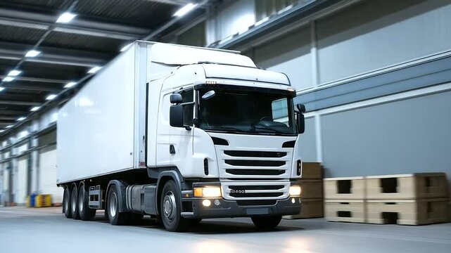 White truck in motion entering warehouse entrance, interior illuminated with fluorescent lights, tall shelves lined with varied shipment boxes, symbolizing dynamic logistics busine