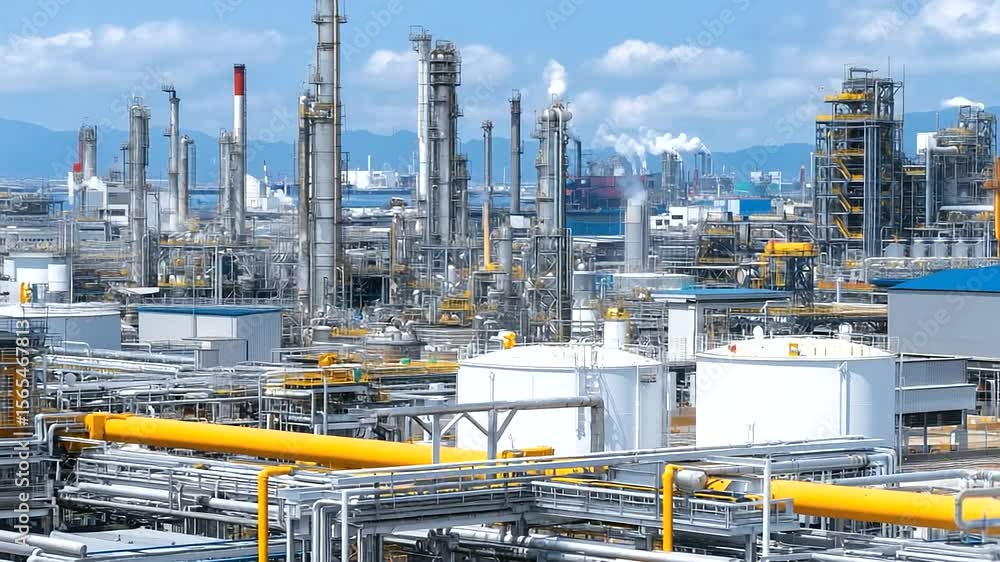 Poster wide shot of refinery field with engineers inspecting pipe junctions and valve assemblies, complex t