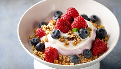 detailed berry parfait with whipped cream n fresh berries and granola in white pedestal bowl