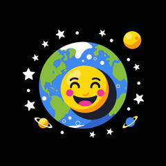 Smiling Sun with Earth Cartoon- Whimsical Space Illustration with Stars and Planets- Happy Sun Face in the Cosmos- Cute Planet Graphic