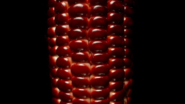 Vertical Red Corn Cob Slowly Rotating and Zooming Out Against a Black Background, Kernels Glowing Under Light, Revealing Detailed Texture, Studio Isolated, Natural Produce Concept