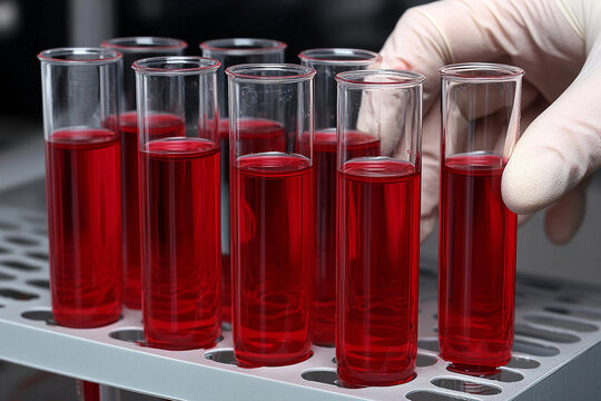 Lab tech handling red liquid samples in messy lab