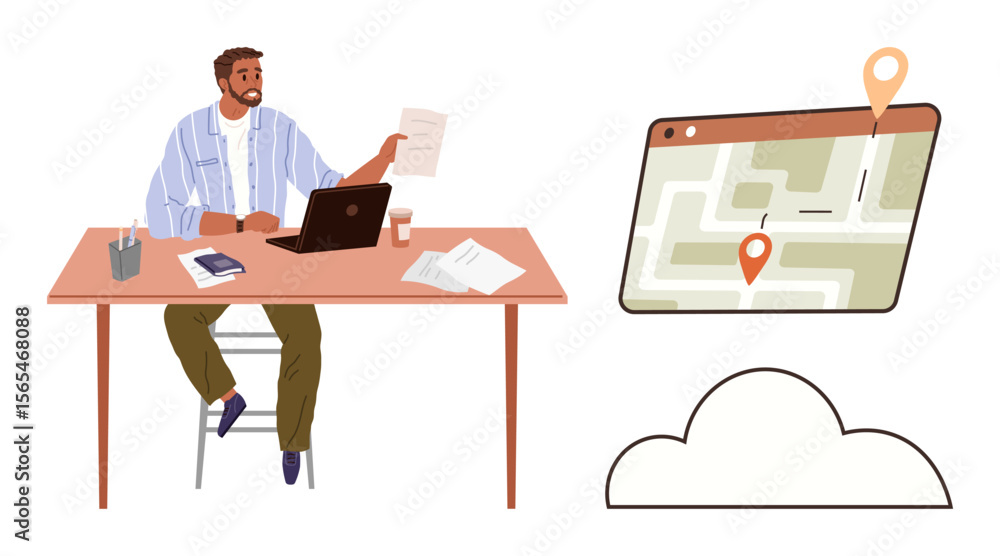 Poster man sitting at desk with devices, documents, and coffee, interacting with map interface highlighting