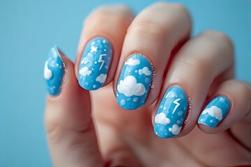 Baby blue nails with cloud and lightning bolt designs