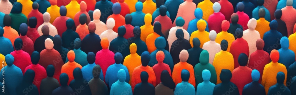Poster vibrant crowd of abstract figures symbolizes diversity and unity in society, showcasing a rich varie