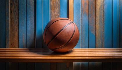 close up of a basketball resting on a bench in a wooden locker room