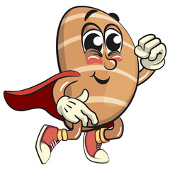 cute salted butter roll mascot cartoon vector illustration as flying superhero wearing a robe, bakery bread character with happy face isolated on transparant backnground, work of hand drawn
