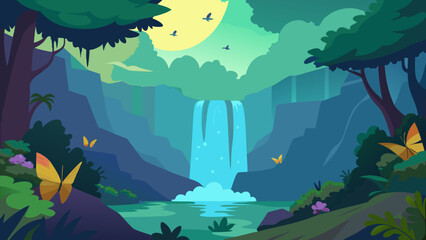 Serene Waterfall Landscape Lush Jungle, Butterflies, and Tranquil Serenity