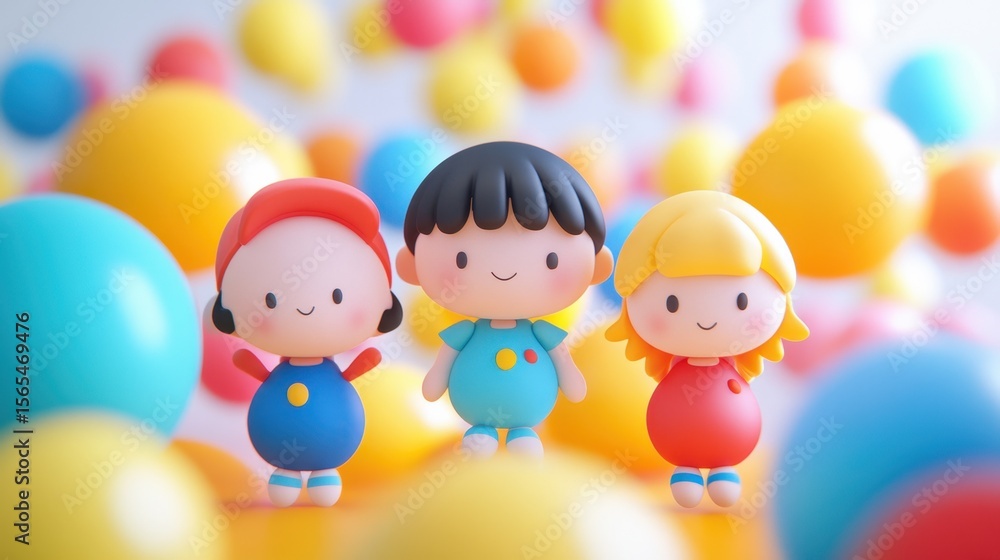 Poster this vibrant image features three adorable cartoon characters set against a playful backdrop of colo