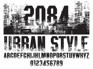 Heavy chopped simple font on the theme of urbanism, movement, with elements of modern architecture of a big city. Set of letters and numbers of the Latin alphabet. Inscription 2084