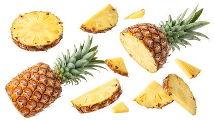 Flying falling pineapple collection whole and sliced isolated on a white background PNG. AI GENERATED.