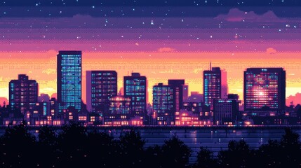 Pixelated city skyline at dusk.