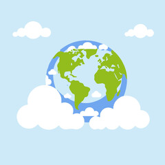 Fototapeta premium Earth Day Illustration-Cartoon Globe Surrounded by Clouds-Environmental Awareness Graphic-World Climate-Ecology Concept-Protect Our Planet