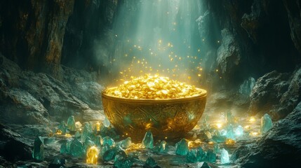 Golden Bowl Overflowing With Treasure In A Cave