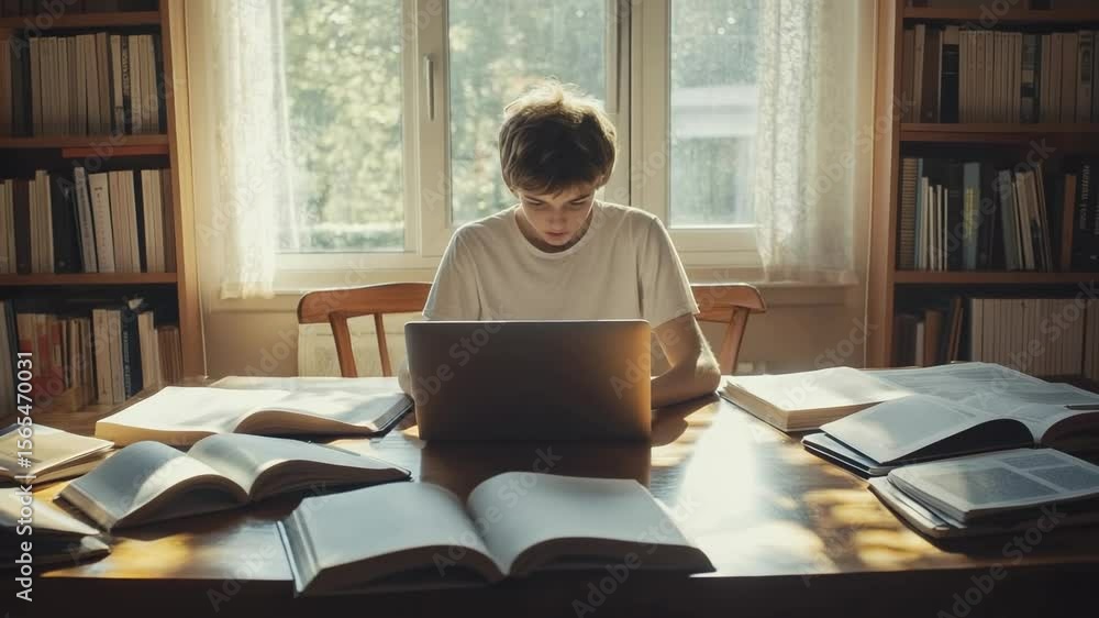 Poster concentrated pupil using laptop for online learning and completing homework, sitting at wooden table
